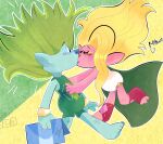 2024 3_toes 4_fingers 4_toes 5_fingers absurd_res barefoot black_eyes blonde_hair blue_body blue_eyebrows blue_nose blue_skin blush blush_lines clay_(trolls) clothed clothed_female clothed_humanoid clothed_male clothing colored digital_drawing_(artwork) digital_media_(artwork) dreamworks duo english_description eyebrow_through_hair eyebrows eyelashes eyes_closed feet female female_humanoid fingers green_background green_clothing green_hair green_leotard hair hand_on_chest hi_res holding_card humanoid humanoid_pointy_ears kiss_on_lips leggings legwear leotard light lighting looking_at_another looking_at_partner male male/female male_humanoid not_furry onomatopoeia outline pink_body pink_eyebrows pink_skin pointy_ears red_clothing red_leggings red_legwear shaded simple_background sound_effects text toes translucent translucent_hair troll_(mythology) troll_(trolls) trolls_(dreamworks) viva_(trolls) wavy_hair white_clothing white_leotard white_outline wolflly10 yellow_background yellow_wristband