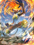  absurdres blue_eyes body_fur brown_fur clenched_hand colored_sclera commentary_request debris ekaki_panda fiery_hair highres infernape monkey pokemon pokemon_(creature) standing white_fur yellow_sclera 
