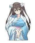 1girl bien_(djpwjd1) blue_eyes blue_kimono brown_hair commentary hair_between_eyes highres japanese_clothes kimono long_hair long_sleeves love_live! love_live!_nijigasaki_high_school_idol_club nijigaku_hyakkiyakou obi official_alternate_costume osaka_shizuku own_hands_together pink_sash print_kimono sash simple_background snowflake_print solo two_side_up white_background 