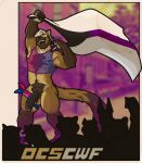 absurd_res accessory anthro armpit_hair big_penis bisexual_pride_colors blonde_hair blurred_background body_hair border brown_body brown_fur clothed clothing cock_ring crowd demisexual_pride_colors eyes_closed facial_hair fishnet_clothing fishnet_topwear flag flag_(object) footwear foreskin fur genitals group gulonine hair hi_res jewelry kerchief lgbt_pride lgbt_pride_month male mammal marten muscular muscular_anthro muscular_male mustelid musteline orange_border outcast-stars partially_clothed paw_shoes penis penis_accessory penis_jewelry pine_marten pride_colors pride_parade silhouette smile solo tail topwear vein veiny_penis weyland_here