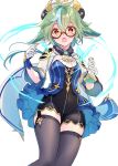  1girl anemo_symbol_(genshin_impact) animal_ears black_leotard black_thighhighs blush commentary_request cowboy_shot garter_straps genshin_impact glasses gloves green_hair hair_between_eyes hat highres kobayashi_chisato leotard looking_at_viewer open_mouth orange_eyes short_hair solo sucrose_(genshin_impact) thighhighs thighs vial vision_(genshin_impact) 