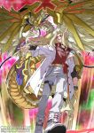  1boy artist_name blonde_hair boots character_request commission copyright_request dragon duel_monster highres jacket long_hair male_focus pants red_shirt shirt skeb_commission white_boots white_jacket white_pants yu-gi-oh! zealmaker 