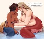2025 5_fingers after_kiss alternate_species areola belly big_breasts black_hair black_text blonde_hair blue_body blue_scales blush blush_lines bodily_fluids bottomwear bra braided_hair breast_size_difference breasts brown_areola brown_body brown_eyes brown_nipples brown_skin claws clothed clothed_female clothed_humanoid clothing collarbone crossgender delicious_in_dungeon dialogue duo ear_fins english_text female female/female female_humanoid fin finger_claws fingers fufflesyeehaw gills hair hi_res humanoid humanoid_merfolk kabru_(delicious_in_dungeon) laios_touden long_hair looking_at_another looking_at_partner looking_down marine medium_breasts merfolk mtf_crossgender neck_gills nipples nude nude_female nude_humanoid overweight overweight_female overweight_humanoid partially_submerged red_body red_claws red_scales rock saliva saliva_string scales short_hair side_gills sitting split_form talking_to_another talking_to_partner tan_bottomwear tan_clothing text translucent_fin underwear undressing_partner water wet white_bra white_clothing white_underwear