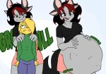 2025 absurd_res alexc anthro bat belly big_belly black_hair blonde_hair canid canine canis clothed clothing colored digestion_noises digital_drawing_(artwork) digital_media_(artwork) duo female female_pred fur green_eyes grey_body grey_fur hair hand_on_belly hare hi_res hybrid lagomorph leaf-nosed_bat leporid licking licking_lips luankct male male/female male_prey mammal microbat onomatopoeia open_mouth oral_vore orange_body orange_fur rabbit red_hair scared_expression signature size_difference sound_effects tail text tongue tongue_out unwilling_prey vampire_bat vore widescreen wolf yangochiropteran yellow_body yellow_fur