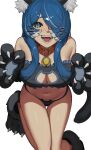 1girl :3 :d absurdres alternate_costume animal_collar animal_ear_fluff animal_ears animal_hands animal_print armpit_crease asymmetrical_bangs asymmetrical_sidelocks bare_shoulders bell belt_buckle belt_collar black_bra black_fur black_panties blue_eyes blue_hair blue_trim bra breasts buckle cat_bra cat_cutout cat_day cat_ears cat_girl cat_lingerie cat_panties cat_print claw_pose cleavage cleavage_cutout clothing_cutout collar colored_tips commentary cross-shaped_pupils curled_fingers drawn_whiskers elira_pendora eyebrows_hidden_by_hair fake_claws fangs finger_claws frilled_bra frills from_above full_body gloves gold_buckle grin groin hair_over_one_eye hair_over_shoulder half-closed_eyes hands_up happy highres invisible_floor karassawa kneeling knees_together_feet_apart long_eyelashes long_hair long_legs long_sidelocks looking_up medium_breasts meme_attire multicolored_hair narrowed_eyes navel neck_bell nijisanji nijisanji_en open_hands panties parted_bangs paw_gloves paw_pose paw_shoes pawpads print_panties raised_eyebrows raised_inner_eyebrows red_collar sidelocks simple_background smile solo sparkling_eyes straight-on strapless strapless_bra streaked_hair symbol-shaped_pupils teeth thick_eyelashes thighs toe_claws two-tone_hair underwear virtual_youtuber white_background white_hair white_tree 