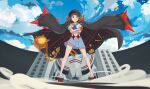  1girl blue_sky brown_hair cloud cloudy_sky coat crop_top crop_top_overhang geta hat highres kill_la_kill mankanshoku_mako midriff_peek muranomiro navel peaked_cap pleated_skirt short_hair skirt sky solo spread_legs standing stomach tengu-geta 