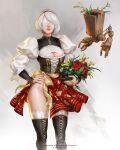  1girl 2b_(nier:automata) absurdres alternate_costume black_boots black_hairband blindfold blondynkitezgraja blue_flower boots bouquet breasts cleavage_cutout closed_mouth clothing_cutout commentary covered_eyes embroidery english_commentary facing_viewer feet_out_of_frame flower grey_hair hairband hand_on_own_hip highres holding holding_bouquet instagram_username juliet_sleeves lace_trim large_breasts lips long_sleeves nier:automata nier_(series) pod_(nier:automata) polish_clothes puffy_sleeves purple_flower red_flower red_skirt short_hair skirt solo standing thigh_boots twitter_username web_address white_flower yellow_flower 