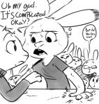  ? ahappypichu-mod ambiguous_gender black_and_white buckteeth clothed clothing crowd dialogue disney english_text group hi_res judy_hopps lagomorph leporid looking_at_another mammal monochrome open_mouth rabbit shirt speech_bubble teeth text topwear violet_hopps zootopia 