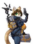  2019 absurd_res anthro backpack butt_pose clothed clothing cosplay death_stranding digital_media_(artwork) domestic_cat felid feline felis female gun hair handgun helia_peppercats_(wrinklynewt) hi_res holding_object holding_weapon jumpsuit limebreaker looking_at_viewer looking_back machine mammal open_mouth ponytail pose ranged_weapon robot simple_background solo straps tight_clothing video_games weapon 