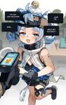  1girl :3 bare_arms black_gloves blue_eyes blue_hair breasts crying_emoji emoji english_text fang gloves highres kani_fish male_rover_(wuthering_waves) rover_(wuthering_waves) small_breasts solo_focus twintails wuthering_waves youhu_(wuthering_waves) 