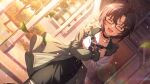  1girl antenna_hair belt belt_buckle bespectacled black-framed_eyewear black_belt black_choker black_hair blush box buckle choker closed_eyes commentary_request day dutch_angle facing_viewer falling_leaves game_cg gift gift_box glasses glint green_jacket hair_ornament happy heart heart_necklace holding holding_gift idolmaster idolmaster_(classic) idolmaster_million_live! idolmaster_million_live!_theater_days jacket jewelry kikuchi_makoto leaf lens_flare light_particles long_sleeves necklace official_art open_mouth outdoors short_hair skirt smile solo standing third-party_source x_hair_ornament 