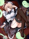  1girl absurdres animal_ears antique_phone apron ass black_choker black_dress breasts brown_hair brown_shoes brown_thighhighs choker commentary contrast_collar couch crossed_bangs crossed_legs dress frilled_apron frilled_dress frills garter_straps green_eyes hand_up highres holding holding_smoking_pipe indie_virtual_youtuber lace-trimmed_thighhighs lace_trim large_breasts long_sleeves looking_at_viewer maid_apron maid_headdress naplings_(nimi_nightmare) nimi_nightmare on_couch one_side_up open_mouth panties panty_peek punpond shoes sitting sleeve_cuffs smile smoking_pipe solo tapir_ears tapir_girl thighhighs torn_clothes torn_thighhighs underwear virtual_youtuber white_apron white_thighhighs 