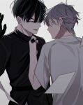  2boys alien_stage black_eyes black_gloves black_hair black_shirt clenched_hand clothes_pull collar commentary fang gloves green_eyes grey_hair highres ivan_(alien_stage) long_sleeves looking_at_another male_focus multiple_boys red_pupils s301t9 shirt short_hair short_sleeves simple_background smile till_(alien_stage) tongue tongue_out white_background white_shirt yaoi 