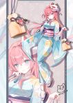 1girl absurdres alternate_costume anklet bag_charm barefoot blue_eyes blue_kimono blush bocchi_the_rock! character_charm charm_(object) folded_fan folding_fan fox_mask full_body gotoh_hitori hair_between_eyes hair_ornament hand_fan highres holding holding_fan japanese_clothes jewelry kimono kita_ikuyo long_hair long_sleeves looking_at_viewer mask myao_(myaodayone) one_side_up pastel_colors pink_hair sandals side_ahoge solo wide_sleeves yukata 