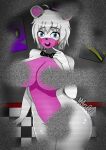  1girl animal_ears animatronic artist_name bear_ears blue_eyes bow breasts censored censored_nipples collarbone colored_skin completely_nude convenient_censoring drawing_(object) english_commentary five_nights_at_freddy&#039;s five_nights_in_anime_(fangame) furry glowing glowing_eyes hat helpy_(fnaf) highres holding huge_breasts large_breasts looking_at_viewer m4rc00 mini_hat nude open_mouth pink_skin poster_(object) shiny_skin short_hair smile solo static teeth top_hat upper_teeth_only white_hair white_skin 