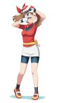  1girl ;) absurdres bandana bike_shorts_under_skirt black_socks blue_eyes breasts brown_hair closed_mouth collared_shirt commentary finger_frame full_body gloves hands_up highres looking_up may_(pokemon) medium_hair one_eye_closed pokemon pokemon_(anime) pokemon_rse_(anime) red_bandana red_shirt scarletsky shirt shoes short_sleeves skirt smile socks solo standing white_background white_skirt 