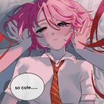 2girls blush closed_mouth diagonal-striped_clothes diagonal-striped_necktie english_text female_pov hair_between_eyes highres jinx_(league_of_legends) kid_sppinarl league_of_legends long_hair looking_at_viewer lux_(league_of_legends) multiple_girls necktie pink_hair pov purple_eyes red_hair red_necktie shirt short_sleeves star_guardian_jinx star_guardian_lux striped_clothes white_shirt yukadon yuri 
