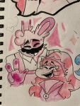2024 3:4 4_fingers anthro big_nose black_eyebrows black_facial_hair black_mustache blonde_hair button_(fastener) cheek_tuft clothed clothed_anthro clothed_humanoid clothed_male clothing colored colored_pencil_(artwork) crossover digit_ring duo english_description eyebrow_through_hair eyebrows eyes_closed facial_hair facial_tuft finger_ring fingers floating_head fully_clothed fully_clothed_anthro fully_clothed_male fur hair hat headgear headwear heart_symbol hi_res humanoid interspecies jacket jewelry lagomorph larger_anthro light lighting long_ears long_hair male male/male mammal mario_bros mario_plus_rabbids_kingdom_battle marker_(artwork) multicolored_body multicolored_fur mustache nintendo open_mouth open_smile overalls pastelprince18 pawpads pink_clothing pink_hair pink_hat pink_headwear pink_inner_ear pink_jacket pink_overalls pink_pawpads pink_topwear rabbid rabbid_mario raving_rabbids rayman rayman_(series) red_tongue simple_background size_difference smile teeth tongue tooth_gap topwear traditional_media_(artwork) translucent translucent_hair tuft two_tone_body two_tone_fur ubisoft white_background white_dress_shirt