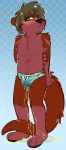  2019 anthro black_nose blush bodily_fluids bulge clothing crownedvictory fur genital_fluids green_eyes hands_behind_back hi_res lutrine male mammal mustelid patterned_underwear peeing red_body red_fur sauksauk shy solo underwear urine watersports wet 