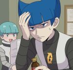  2boys :d blue_hair blunt_bangs blush_stickers bottle closed_mouth commentary_request frown green_eyes green_hair highres holding holding_bottle indoors logo long_sleeves male_focus multiple_boys nakikot_t open_mouth pokemon pokemon_dppt saturn_(pokemon) shirt short_hair smile sweatdrop team_galactic team_galactic_grunt team_galactic_uniform vest 