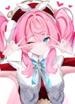  1girl ;) absurdres aqua_bow aqua_bowtie aqua_eyes blush bow bowtie commentary double_v dress drill_hair hat heart highres honkai:_star_rail honkai_(series) hyacine_(honkai:_star_rail) one_eye_closed pink_hair red_dress red_hat simple_background smile solo twin_drills upper_body v v_over_eye voi_271 white_background 