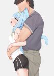 1boy 1girl absurdres animal_ears aqua_hair black_shorts breasts cat_ears cat_girl cat_tail cowboy_shot faceless faceless_male from_side green_eyes grey_shirt hairband hetero highres hug hug_from_behind jelly_hoshiumi long_hair open_mouth phase_connect profile shirt shorts sleepypudding sleeveless sleeveless_shirt small_breasts tail white_shirt 