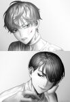  2boys absurdres alien_stage blood choker commentary_request greyscale head_on_hand highres honogurairo_hai injury ivan_(alien_stage) male_focus monochrome multiple_boys neck_tattoo red_pupils short_hair spot_color tattoo till_(alien_stage) very_short_hair 
