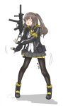  1girl armband artist_request blush boots brown_hair fingerless_gloves girls&#039;_frontline gloves gun hair_ornament highres hood hoodie jacket non-web_source open_mouth pantyhose pleated_skirt ribbon scar scar_across_eye scar_on_face shirt side_ponytail skirt solo submachine_gun suppressor ump45_(girls&#039;_frontline) weapon white_background white_shirt yellow_eyes 