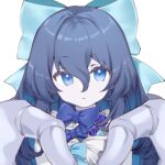  1girl bad_link blue_bow blue_bowtie blue_eyes blue_hair bow bowtie hair_between_eyes hair_bow long_hair long_hair_between_eyes looking_at_viewer lowres official_art simple_background solo tania_(little_witch_nobeta) 