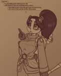 2019 4_fingers accessory anthro backpack bear belt black_body black_fur black_hair black_nose blizzard_entertainment bottomwear breasts brown_background clothing countershade_face countershading dialogue digital_drawing_(artwork) digital_media_(artwork) female fingers fur gem gesture hair hair_accessory hair_ribbon hand_gesture hi_res holding_object holding_staff li_li_stormstout looking_aside mammal medium_breasts monochrome pandaren pants patch_(fabric) pointing ponytail ribbons rope rope_belt scorpdk scroll shirt simple_background solo speech_bubble staff standing tail text topwear warcraft