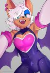 absurd_res anthro bat blue_eyes bulge chest_window clothing crossgender eyeshadow ftm_crossgender fur hair hair_over_eye hi_res legwear makeup male mammal nikkikaji pecs rogue_the_bat_(nikkikaji) rouge_the_bat sega skintight_suit smile solo sonic_the_hedgehog_(series) text tights url white_body white_fur wings
