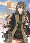  1girl arrow_(projectile) brown_gloves commentary_request gloves gradient_sky green_eyes grey_hair hair_down hakama hakama_short_skirt hakama_skirt headband highres japanese_clothes jinbaori kantai_collection long_hair official_alternate_costume orikoshi_shino partially_fingerless_gloves red_skirt skirt sky solo translation_request white_headband yugake yumi_(bow) zuikaku_(kancolle) zuikaku_kai_ni_(decisive_battle)_(kancolle) 