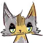 1:1 ambiguous_gender domestic_cat fangs felid feline felis feral fur grey_body grey_fur headshot_portrait low_res mammal multicolored_body multicolored_fur naircat narrowed_eyes portrait simple_background smile solo teeth white_background yellow_body yellow_fur