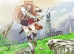  1girl armor armored_boots armored_gloves artist_name belt black_dress blue_sky boots breastplate brown_belt brown_boots brown_gloves brown_hair closed_mouth cloud cloudy_sky collared_dress commentary_request dated dress elbow_gloves full_body gloves hands_up high_collar holding holding_sword holding_weapon layered_dress light_frown long_hair metal_arm_cuffs metal_hair_tubes metal_wrist_cuffs namirokami neck_ribbon pauldrons pink_eyes raphtalia red_dress red_ribbon ribbon ruins scabbard scenery sheath short_dress shoulder_armor signature single_pauldron sky solo sparkle striped_clothes striped_dress sword tate_no_yuusha_no_nariagari thigh_boots tower two-tone_dress vertical-striped_clothes vertical-striped_dress weapon white_dress 