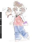  1boy 1girl art_tools_in_frame aubz barefoot blue_eyes blush brown_hair denim donkey_kong donkey_kong_(series) donkey_kong_bananza freckles full_body highres jeans looking_at_viewer musical_note pants pauline_(mario) pauline_(young)_(mario) scrunchie shirt sketch smile topknot torn_clothes torn_shirt 