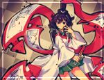  1other androgynous bambuuusia black_eyes black_hair black_hat black_outline checkered_background cowboy_shot eye_of_senri eyelashes green_skirt hairband hat highres holding japanese_clothes jinbei_(clothes) kariginu len&#039;en light_smile ofuda ofuda_on_clothes outline red_ribbon redrawn ribbon senri_tsurubami skirt solo spread_fingers white_hairband white_sleeves 