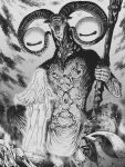  2boys androgynous balance_scale barefoot berserk body_piercings crossover disembodied_eye elden_ring elden_ring_nightreign extra_eyes facing_viewer from_behind goat_horns goat_legs greyscale griffith_(berserk) helmet highres horns libra_(elden_ring) long_hair mage_staff monochrome multiple_boys nude signature unworn_headwear very_big_eyes weighing_scale yitansan 