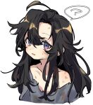  1boy ? absurdres aged_down ahoge alternate_costume alternate_hairstyle bare_shoulders bentuudayo black_hair blush collarbone cropped_torso dirty dirty_clothes dirty_face grey_robe hair_between_eyes hair_down highres long_hair looking_at_viewer male_focus messy_hair modao_zushi off_shoulder open_mouth parted_lips purple_eyes robe sidelocks simple_background single_bare_shoulder solo speech_bubble spoken_question_mark torn_clothes upper_body wei_wuxian white_background 