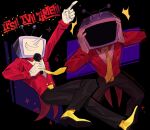  1boy absurdres ant_tenna artist_name black_pants clutching_head commentary crt deltarune english_commentary gloves hands_on_own_head highres lana_belem male_focus multiple_views necktie object_head outstretched_arm pants pointing pointy_nose shirt shoes smile tailcoat teeth trembling white_gloves white_shirt yellow_necktie yellow_shoes 