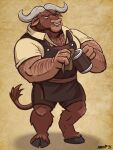 2025 3:4 anthro apron body_hair bovid bovine cattle cleaning_rag clothing eye_patch eyewear facial_piercing frown hi_res hooves male mammal muscular muscular_male nanoff nose_piercing nose_ring piercing ring_piercing septum_piercing septum_ring solo