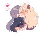  2girls ahoge black_cape black_jacket blonde_hair blush cape closed_eyes commentary_request ear_blush emptyayya flying_sweatdrops grey_hair heart highres jacket long_hair multiple_girls simple_background sky_striker_ace_-_raye sky_striker_ace_-_roze spoken_heart sweat white_background white_jacket yu-gi-oh! yuri 