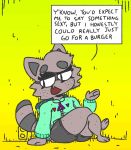  anthro barefoot bottomwear clothed clothing crossed_legs dialogue dykie(mykendyke) english_text eyelashes female half-closed_eyes hi_res hoodie mammal open_mouth open_smile procyonid qoolguyart raccoon shorts sitting smile talking_to_viewer text topwear 