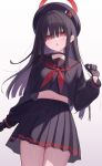  1girl beret black_choker black_gloves black_hat black_sailor_collar black_serafuku black_shirt black_skirt blue_archive choker commentary_request cowboy_shot crop_top gloves halo hand_up hat highres justice_task_force_member_(blue_archive) korean_commentary long_bangs long_hair long_sleeves looking_at_viewer navel neckerchief open_mouth pipipipyu red_halo red_neckerchief sailor_collar school_uniform serafuku shirt simple_background skirt solo thighs white_background 