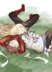  black_leggings black_pants blonde_hair boots brown_hair closed_eyes colette_brunel gloves grass highres jacket leggings light_blush lloyd_irving long_sleeves lying meameeea pants red_boots red_gloves red_shirt shirt smile suspenders tales_of_(series) tales_of_symphonia twitter_username white_boots white_gloves white_jacket 
