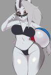 absurd_res anthro bbibiarts biped breasts canid canid_demon canine clothed clothing demon eyelashes female front_view hair hellhound helluva_boss hi_res loona_(helluva_boss) mammal multicolored_body mythological_canine mythological_creature mythology pupils simple_background solo standing swimwear thick_thighs