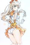  absurdres aino_minako bishoujo_senshi_sailor_moon blonde_hair blue_eyes blush bow breasts colored_pencil_(medium) commentary_request cowboy_shot elbow_gloves from_behind gloves hair_bow highres i4teruz looking_at_viewer looking_back miniskirt orange_sailor_collar orange_skirt panties ponytail red_bow sailor_collar sailor_venus school_uniform shirt short_sleeves simple_background skirt small_breasts thighs traditional_media underwear white_background white_gloves white_panties white_shirt wind wind_lift 