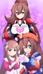  3girls ;d absurdres android armor artist_logo axasempai beret blunt_bangs blush bow brown_eyes brown_hair butterfly_hair_ornament collared_shirt dress gloves green_eyes hair_between_eyes hair_ornament hat heart heart_hands heart_hands_duo heart_in_heart_hands high_collar high_ponytail highres iris.exe_(mega_man) iris_(mega_man) iris_-another-_(mega_man) layered_shirt logo long_hair long_sleeves looking_at_viewer low-tied_long_hair mega_man_(series) mega_man_battle_network_(series) mega_man_battle_network_6 mega_man_x_(series) mega_man_x_dive military military_uniform multicolored_dress multiple_girls multiple_persona netnavi one_eye_closed open_mouth pink_dress pleated_skirt ponytail puffy_long_sleeves puffy_sleeves purple_background purple_bow purple_skirt red_armor red_hat robot robot_girl shirt short_hair shoulder_jewel skirt smile straight_hair teeth upper_body upper_teeth_only very_short_hair waist_bow white_gloves 