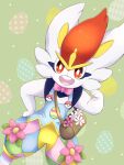 3:4 4rurui ambiguous_gender bag bow_tie buckteeth cinderace clothing easter easter_egg feral flower_accessory footwear fur generation_8_pokemon hand_on_hip hi_res holidays legwear looking_at_viewer nintendo open_mouth overalls pattern_clothing pattern_footwear pattern_legwear pattern_socks pink_bow_tie pokeball_accessory pokemon pokemon_(species) rabbit_ears red_eyes smile socks solo striped_clothing striped_footwear striped_socks stripes teeth white_body white_fur