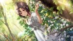  1girl antenna_hair black_eyes black_hair blush breasts commentary_request day dress dutch_angle flower forest game_cg grin hands_up idolmaster idolmaster_(classic) idolmaster_million_live! idolmaster_million_live!_theater_days kikuchi_makoto looking_at_viewer nature official_art outdoors short_hair short_sleeves smile solo standing third-party_source tree white_dress white_flower 