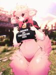 anthro big_breasts bovid breasts caprine collar cowbell ear_piercing ear_tag female fur hi_res horizontal_pupils ivyuun mammal microsoft minecraft minecraft_sheep_fucker mojang outside piercing pink_body pink_fur pink_wool pupils red_eyes sheep solo thick_thighs wide_hips wool_(fur) xbox_game_studios